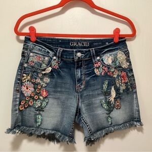 Grace in LA Floral Embroidered Jean Easy Fit Shorts - Blue